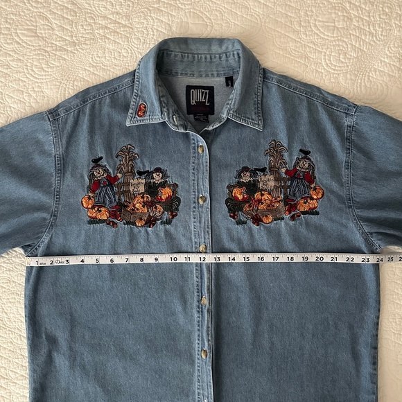 Quizz Women’s Vintage Denim Button Down Shirt Fall Pumpkin Harvest Embroidered - Picture 7 of 10